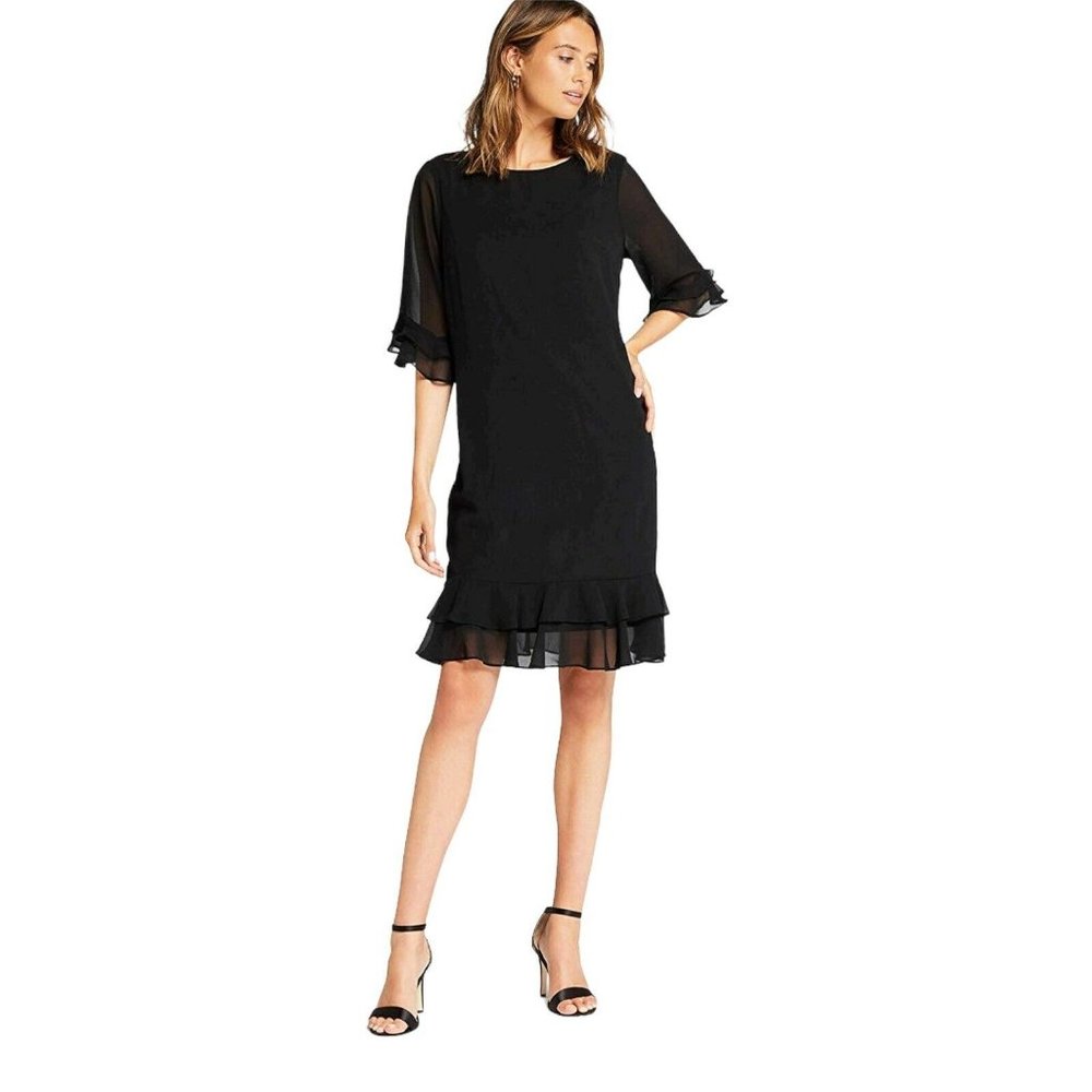 Truth And Fable Women Small Ruffle Hem and Sleeve Open Back LBD Shift Dress NEW